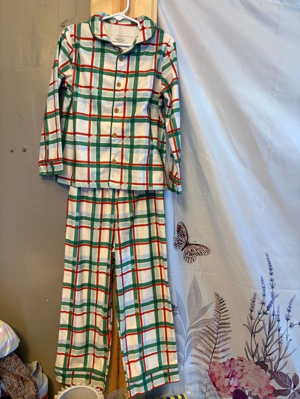 cloud island Plaid Cotton Pajama Set - Green, Red, White